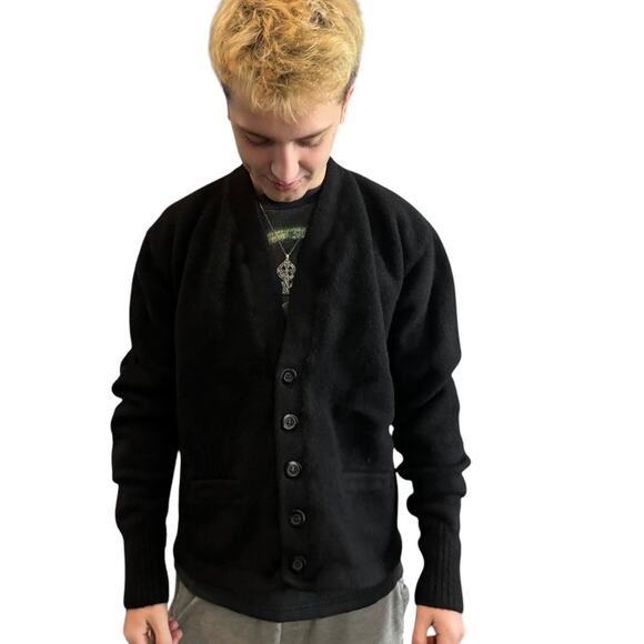 Vintage Dehen 1920 Slouchy Varsity wool cardigan V neck black size small - Picture 10 of 13